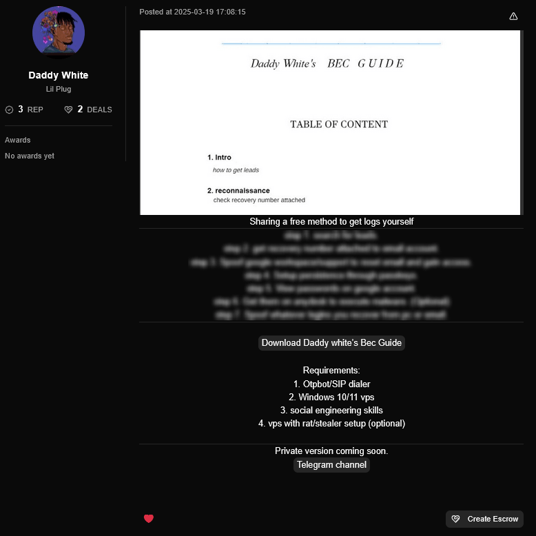 A post sharing a free BEC Guide. Free resources like this draw in new operators and build retention around the paid tooling. The OTP Bot is positioned as step one in a longer chain.