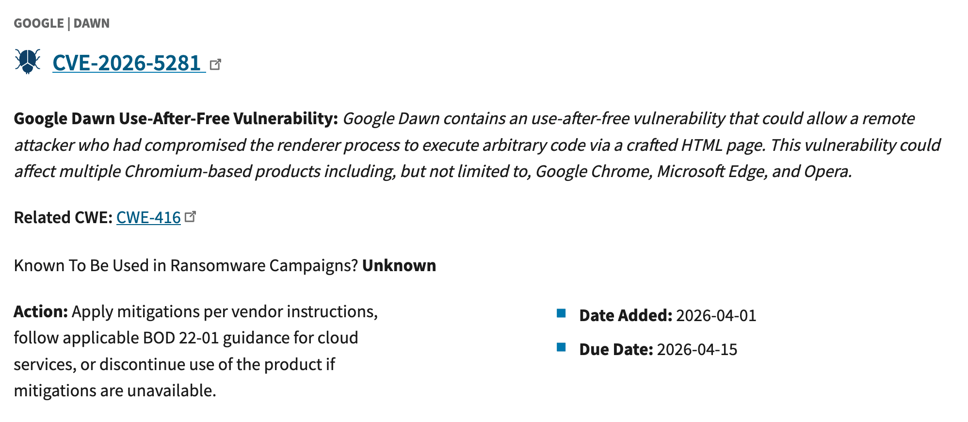 CISA KEV entry for CVE-2026-5281, signaling the due date for remediation: April 15, 2026