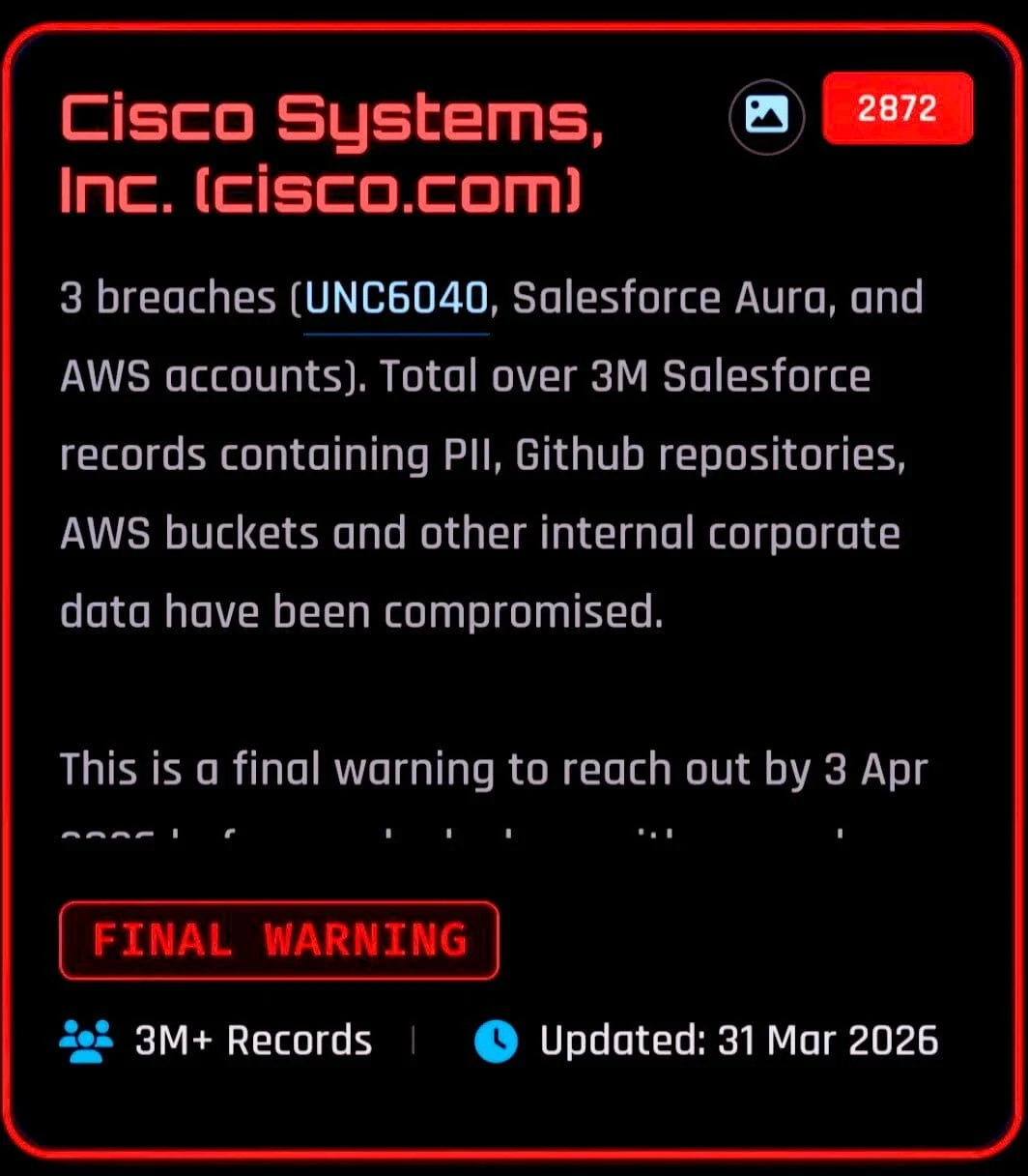 ShinyHunters’ extortion post claiming stolen Cisco data, including Salesforce records, GitHub repositories, and AWS assets.