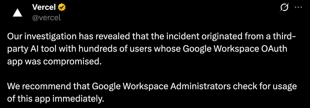 Vercel stated that the security incident is related to a third-party AI tool (X)