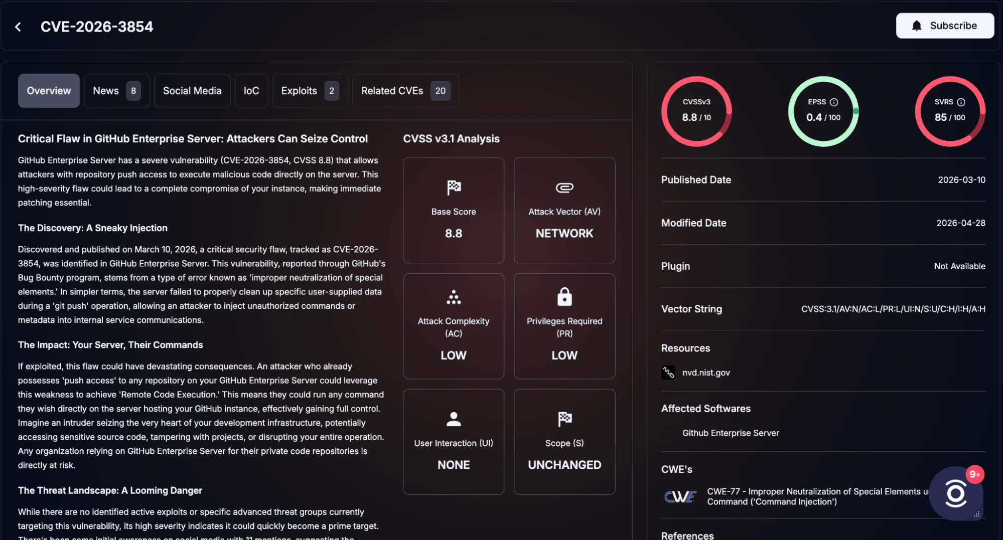 Details of CVE-2026-3854 (SOCRadar Vulnerability Intelligence)