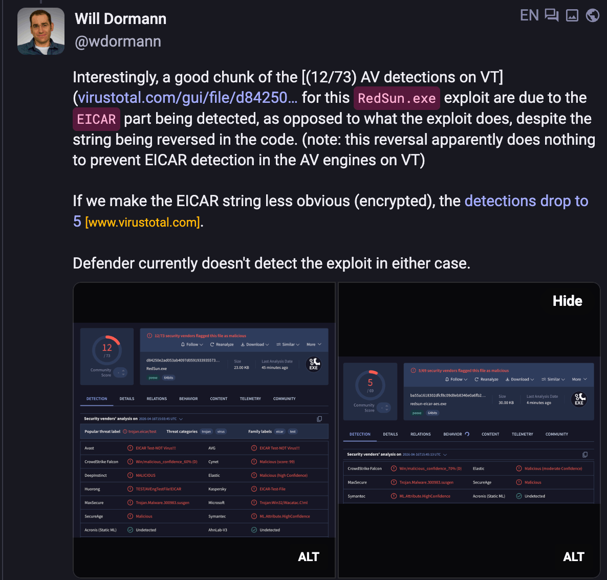 Post by Will Dormann on Mastodon