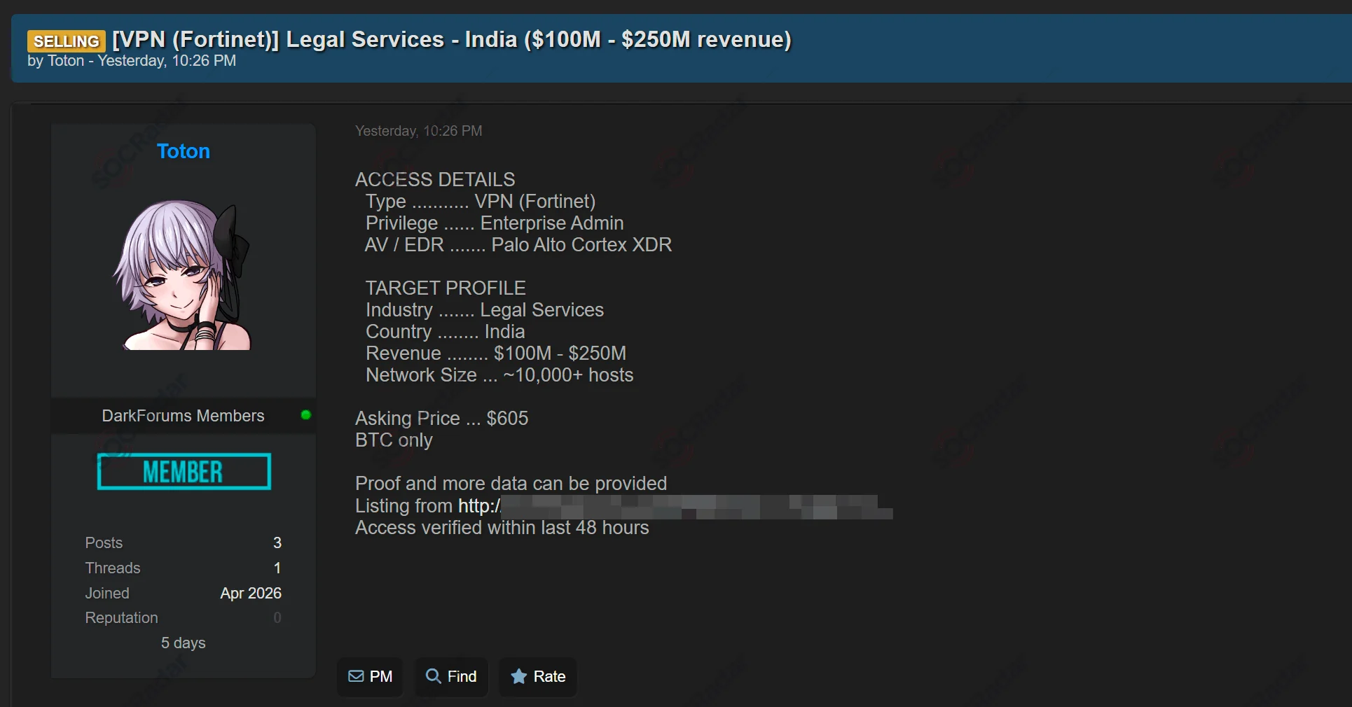 VPN Fortinet Access Sale is Detected for a Legal Services Target in India
