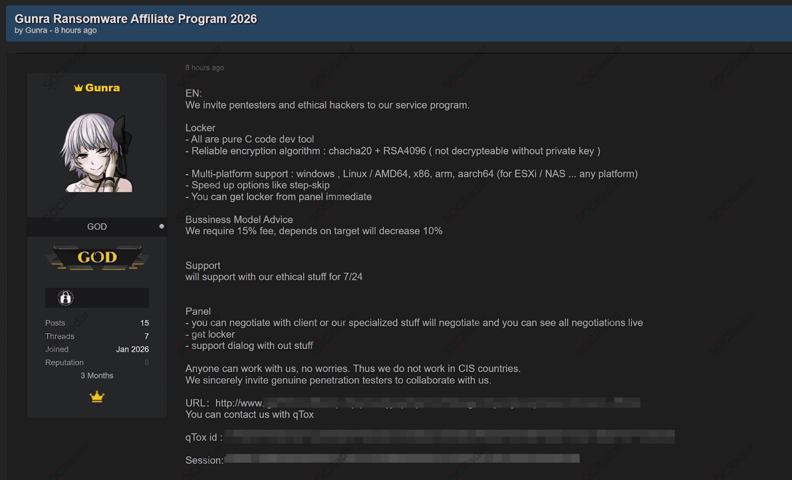 Recruitment for the Gunra Ransomware Affiliate Program 2026 is Detected