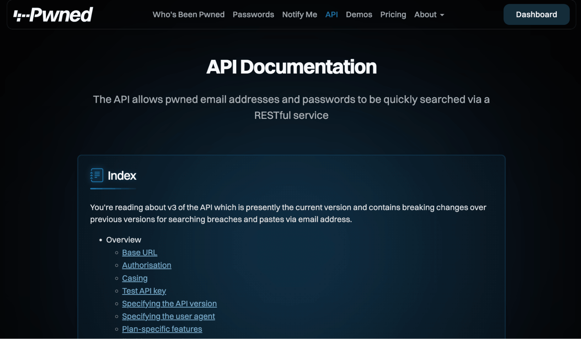 Have I Been Pwned API documentation for checking breached email addresses and passwords through a RESTful service.