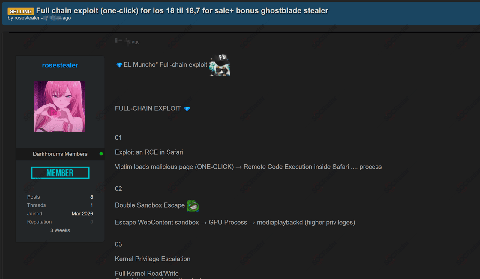 Threat Actor Claims to Be Selling Full-Chain Exploit for iOS 18 Through 18.7 and GhostBlade Stealer