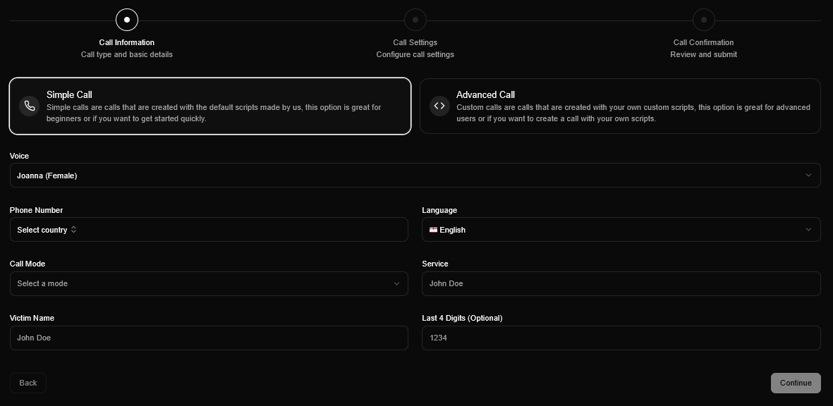 The Call Information step. Voice, language, target number, call mode, victim name, and optional card digits are all set here. Simple Call uses platform default scripts. Advanced Call lets operators supply their own custom script.