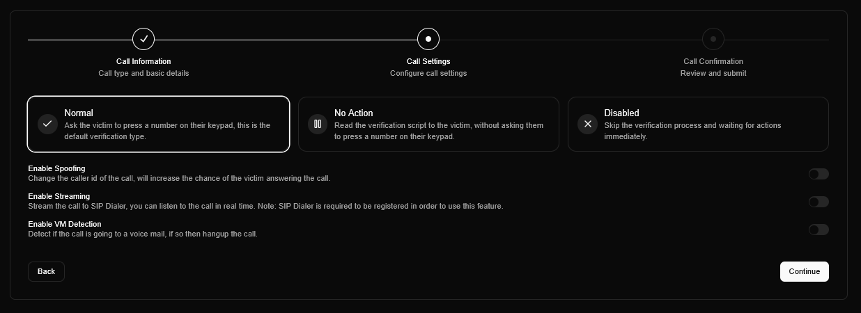 The Call Settings step. Verification mode determines how the bot handles the opening of the call. Spoofing, streaming, and voicemail detection are each independently controlled.