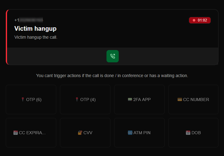 The dashboard after the target hung up before providing information. Action buttons go inactive. A note confirms the call is done. The operator closes it and moves to the next number.