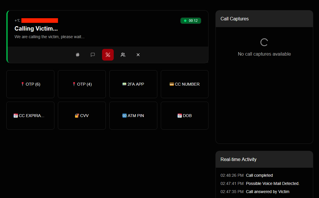 The live dashboard at the moment the call is being placed. Status reads "Calling Victim" with a timer at 12 seconds. The Call Captures panel on the right is empty. The Real-time Activity log below shows entries from the prior session.