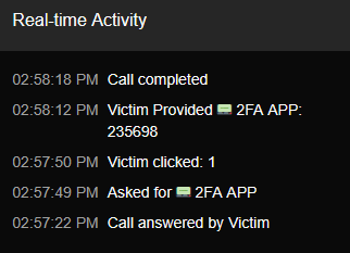 The Real-time Activity log from a live session. Call answered at 02:57:22. Code captured at 02:58:12. Call completed at 02:58:18. The full interaction ran 56 seconds.