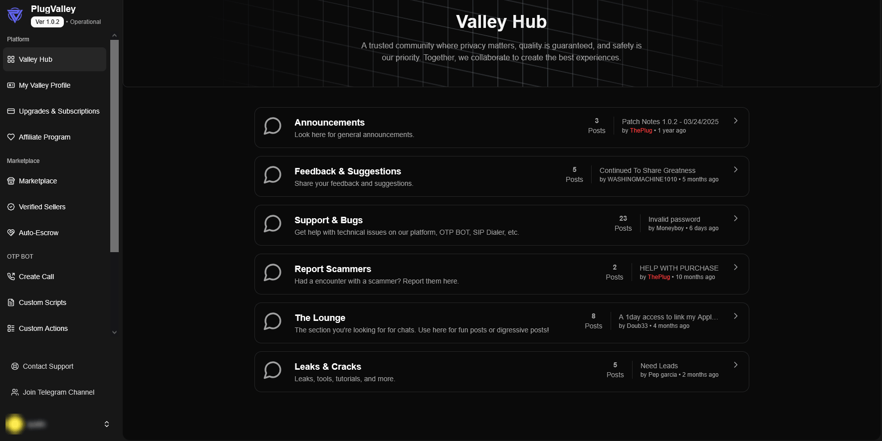 The Valley Hub homepage. Announcement threads, a marketplace, an affiliate program, and an OTP Bot sit behind an interface that presents itself as a legitimate community product.