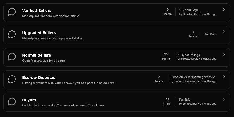 The marketplace with its tiered seller structure and escrow system. The trust infrastructure of a legitimate vendor marketplace has been replicated here and applied to fraud tooling.
