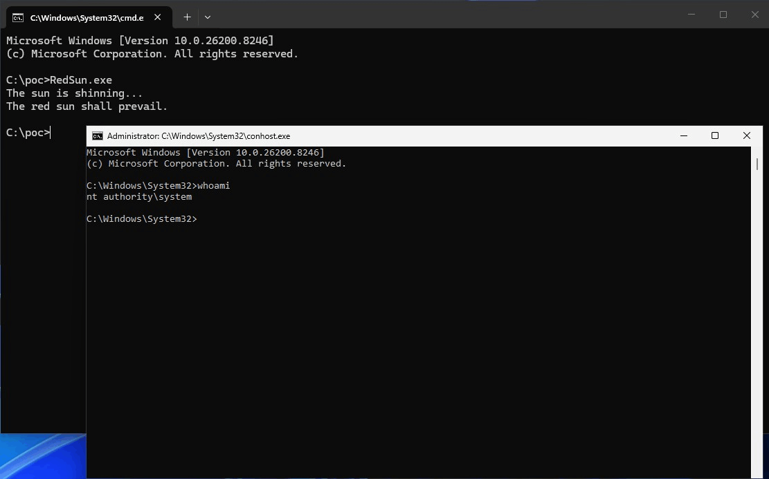 SYSTEM is achieved after running the RedSun PoC exploit, as shown on the GitHub advisory