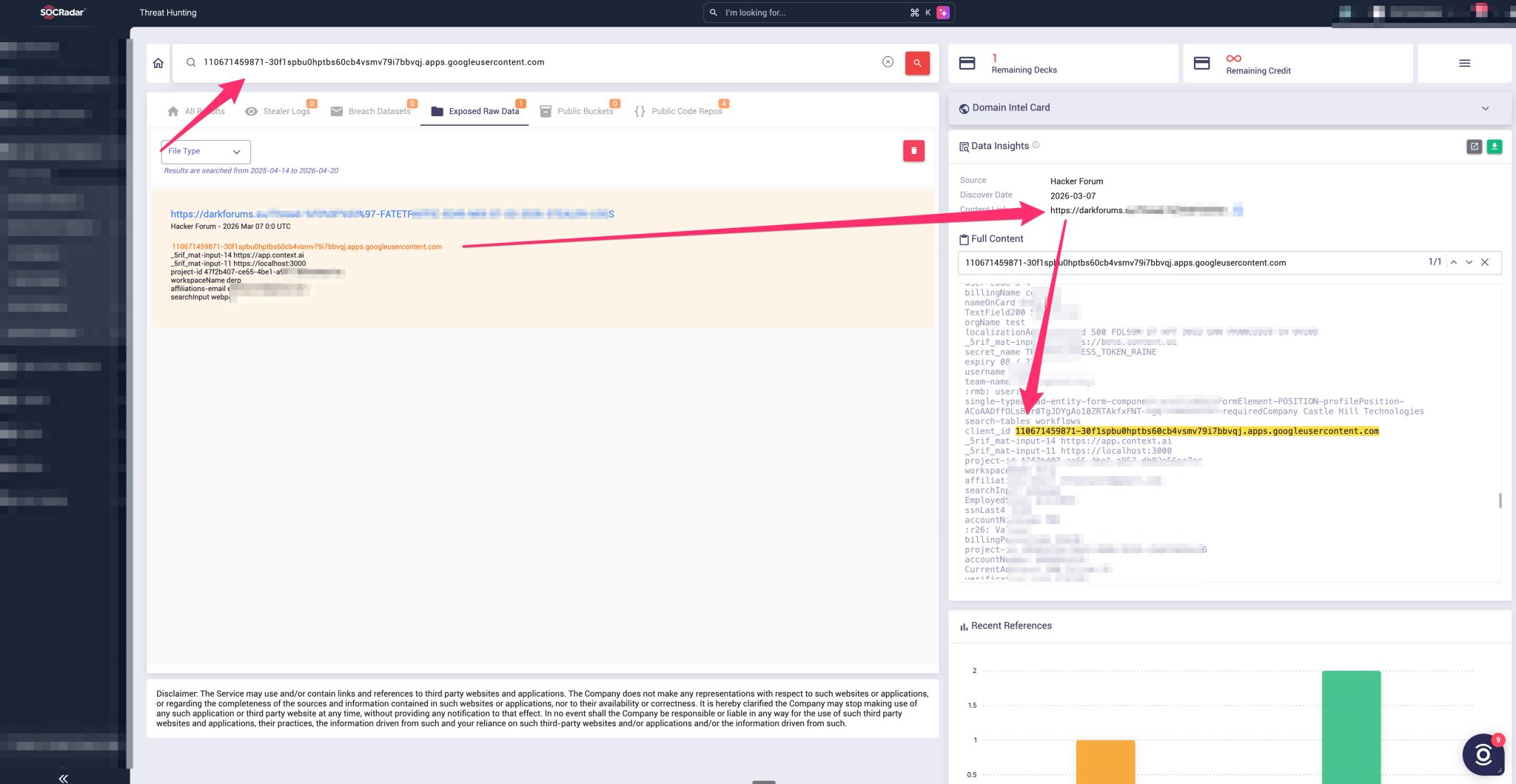 SOCRadar's Threat Hunting module surfaces the compromised OAuth Client ID traced to a Dark Web forum, first detected on March 7, 2026 – weeks before the breach became public.