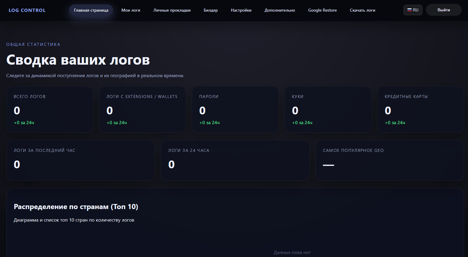 Void Stealer administration panel displaying log statistics and basic operator controls
