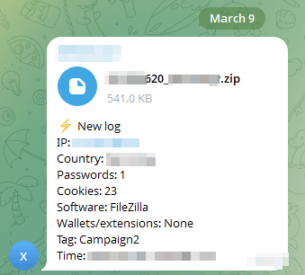 Telegram notification showing new log delivery with country, passwords, cookies, and campaign tag