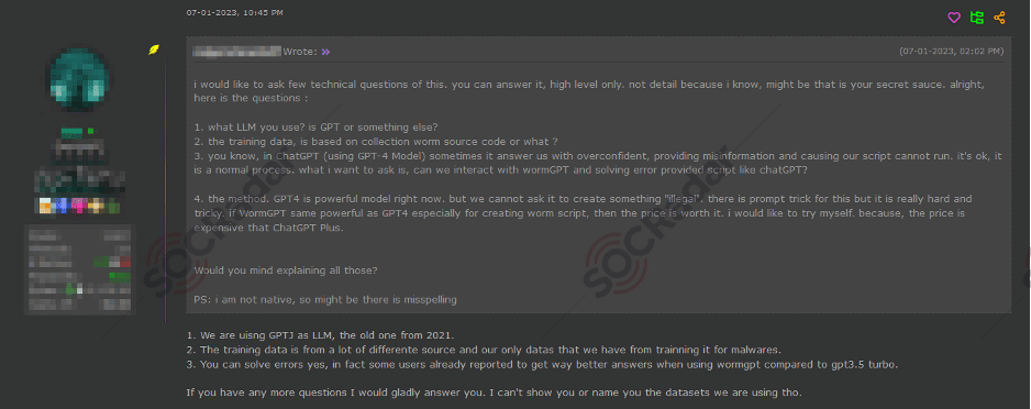 A July 2023 forum thread where a potential buyer questions the WormGPT developer directly on the underlying model, training data, and capabilities.