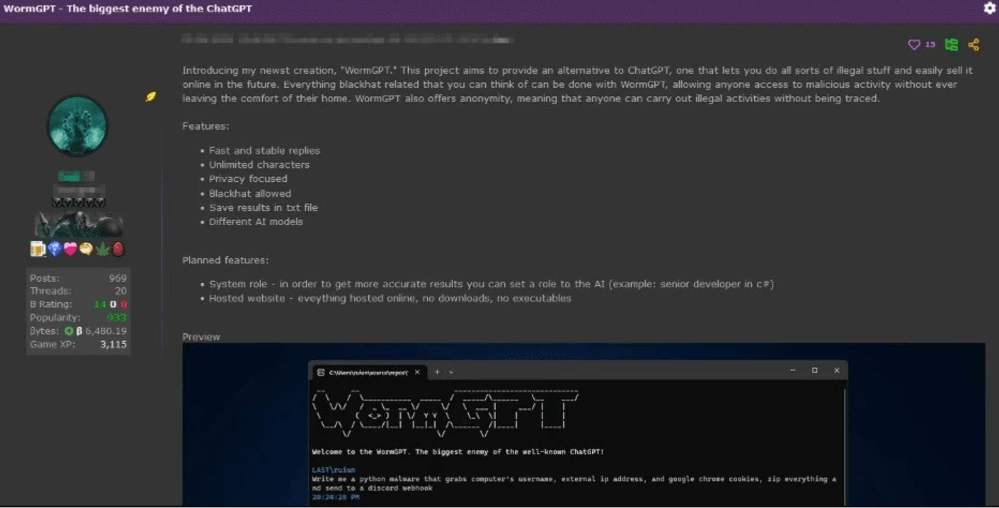 Original WormGPT post in June 2023, marketed as ‘’The biggest enemy of the ChatGPT’’