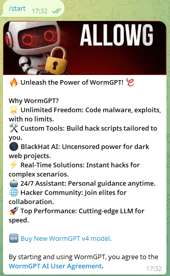First interaction with the WormGPT-branded tool via Telegram.