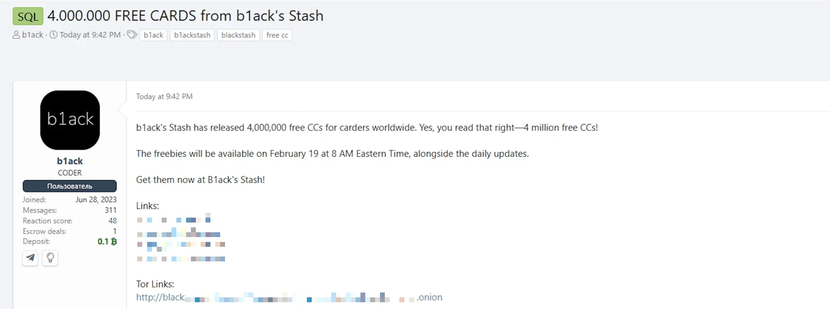 A previous free release from B1ack’s Stash featuring 4 million credit cards