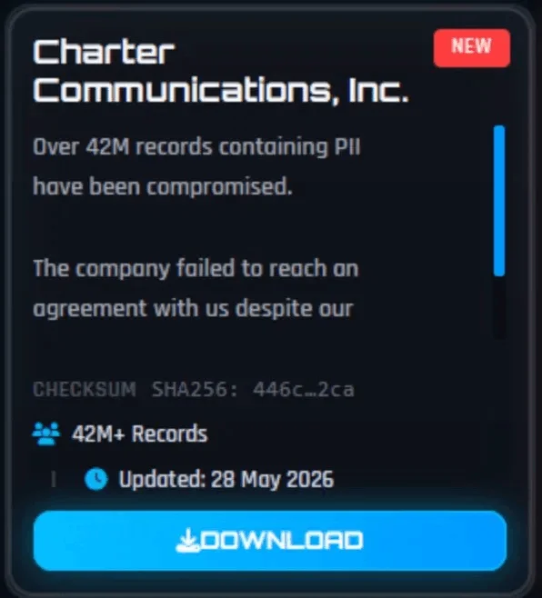 ShinyHunters Dark Web listing for Charter Communications, claiming 42M+ records available