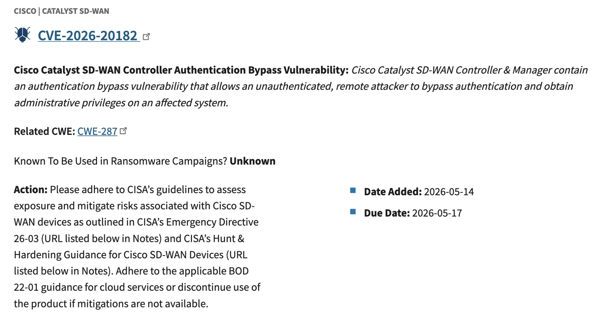 CISA KEV listing for CVE-2026-20182 