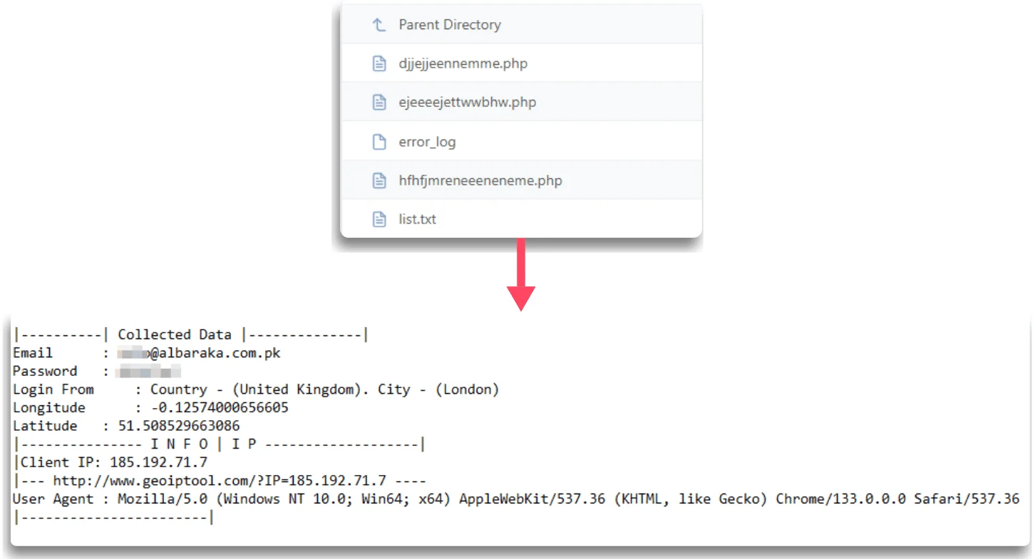 Credential logs include victim metadata such as geolocation, IP address, and organizational context.