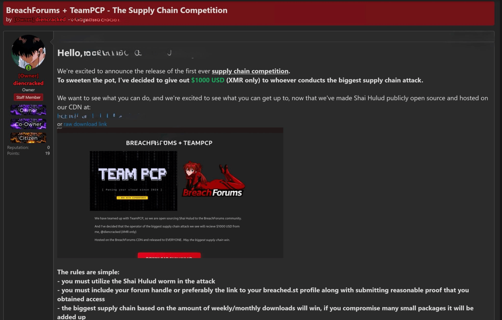 BreachForums and TeamPCP promote a supply chain competition tied to Shai-Hulud tooling