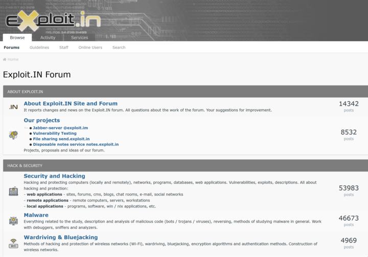 Home page of the Exploit.in hacker forum