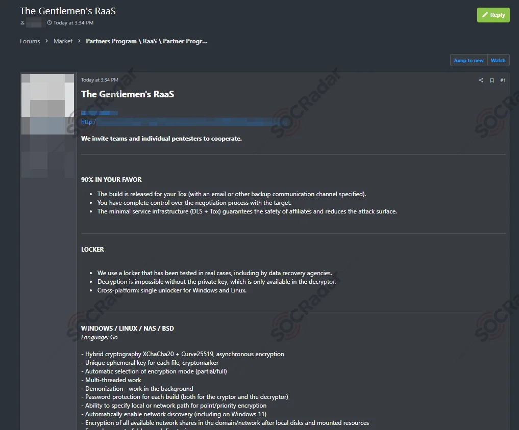 Dark Web forum post advertises The Gentlemen’s RaaS (SOCRadar Dark Web News)