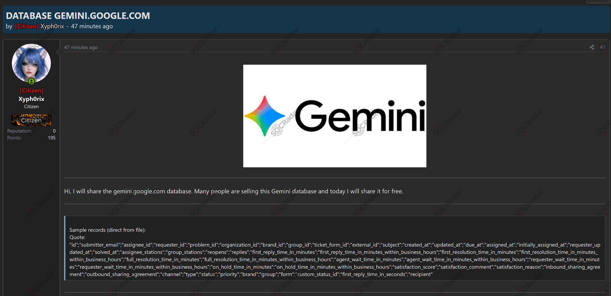 Alleged Google Gemini Database Leak is Shared for Free