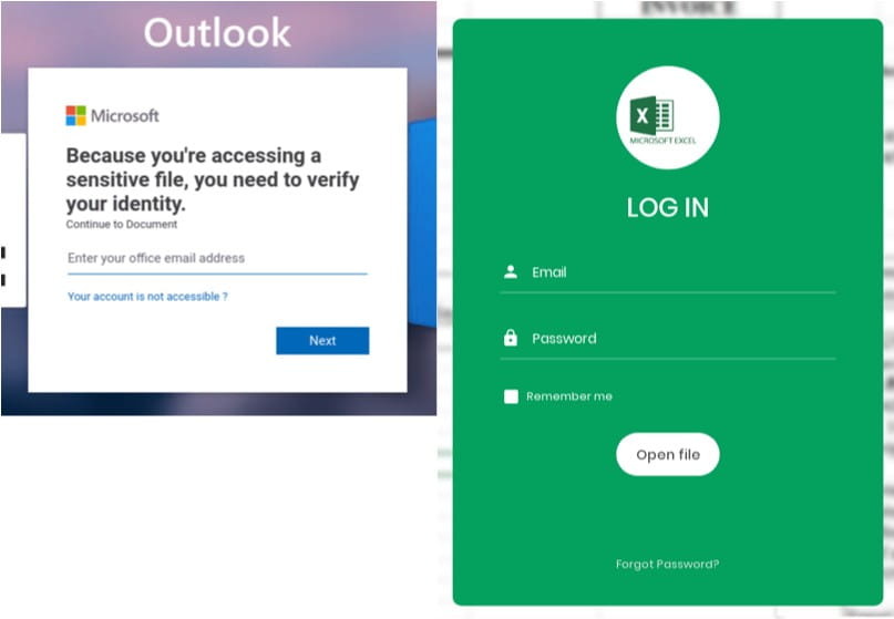 Phishing pages imitate Microsoft and enterprise login portals using cloned interface elements and branding.