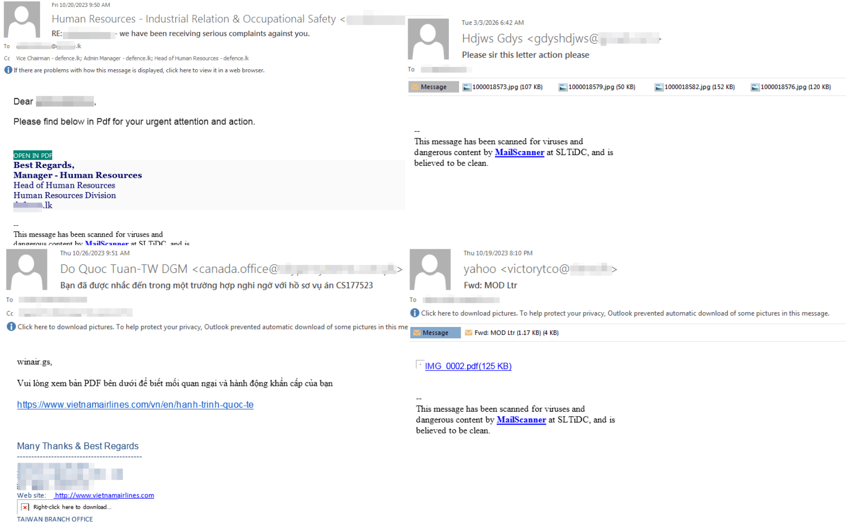 Examples of phishing emails used in Operation HookedWing impersonating HR staff, colleagues, and document-sharing platforms to deliver malicious attachments and links.