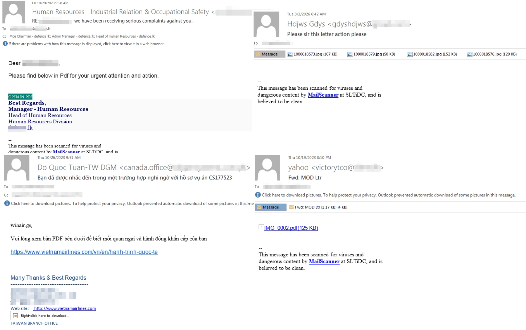 Examples of phishing emails used in Operation HookedWing impersonating HR staff, colleagues, and document-sharing platforms to deliver malicious attachments and links.