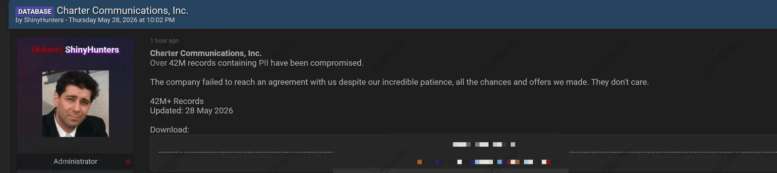 ShinyHunters forum post announcing the full Charter data release, detected by SOCRadar Dark Web Monitoring on May 28, 2026. (SOCRadar Dark Web News), Charter Data Breach