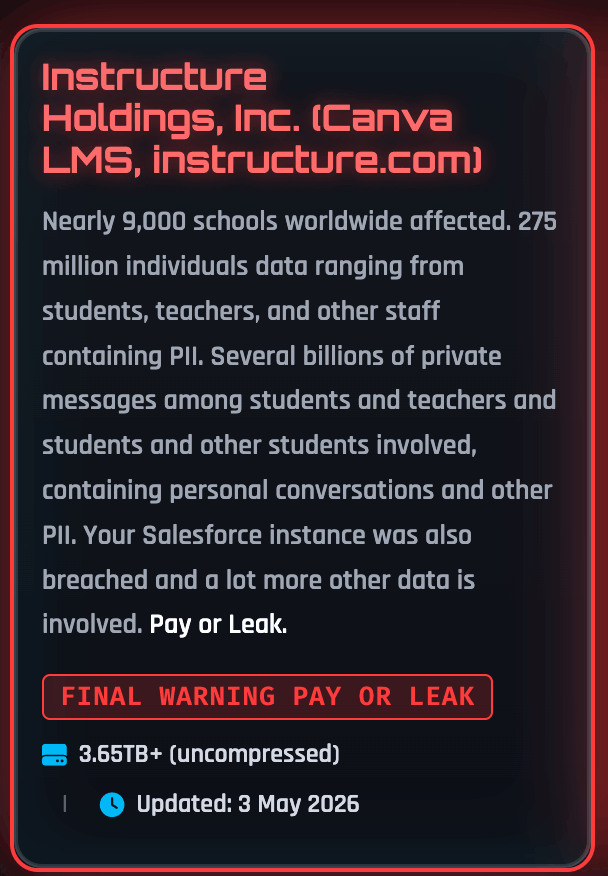 Leak post on ShinyHunter’s Dark Web site