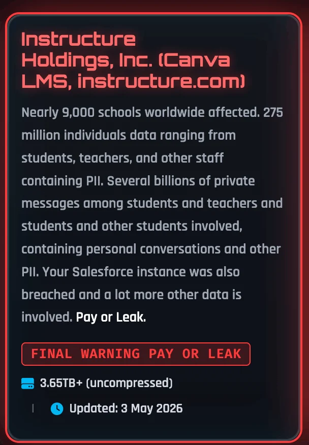 Leak post on ShinyHunter’s Dark Web site