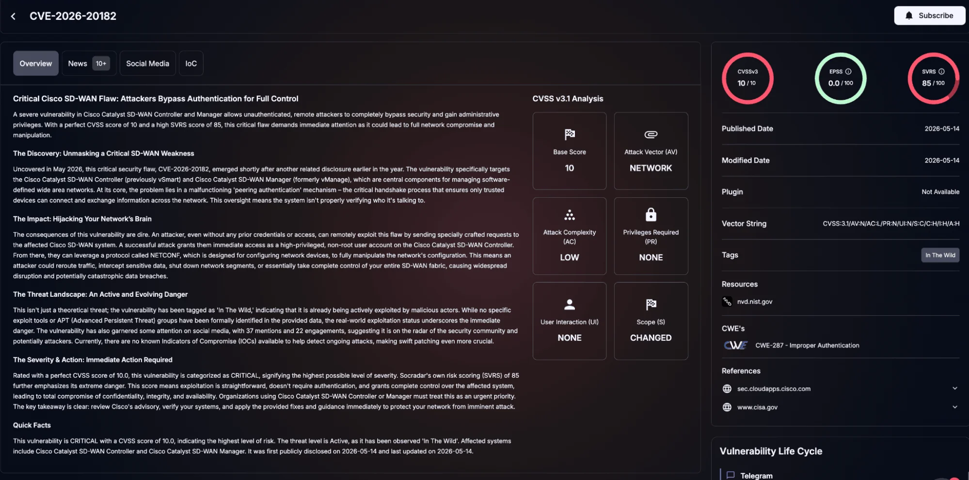 Details of CVE-2026-20182 (SOCRadar Vulnerability Intelligence)