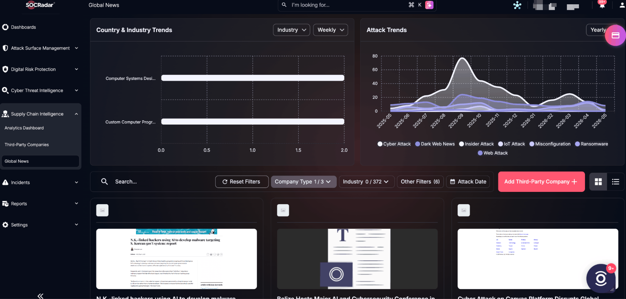Global News view in SOCRadar Supply Chain Intelligence, showing vendor-related trends, attack patterns, and third-party risk signals