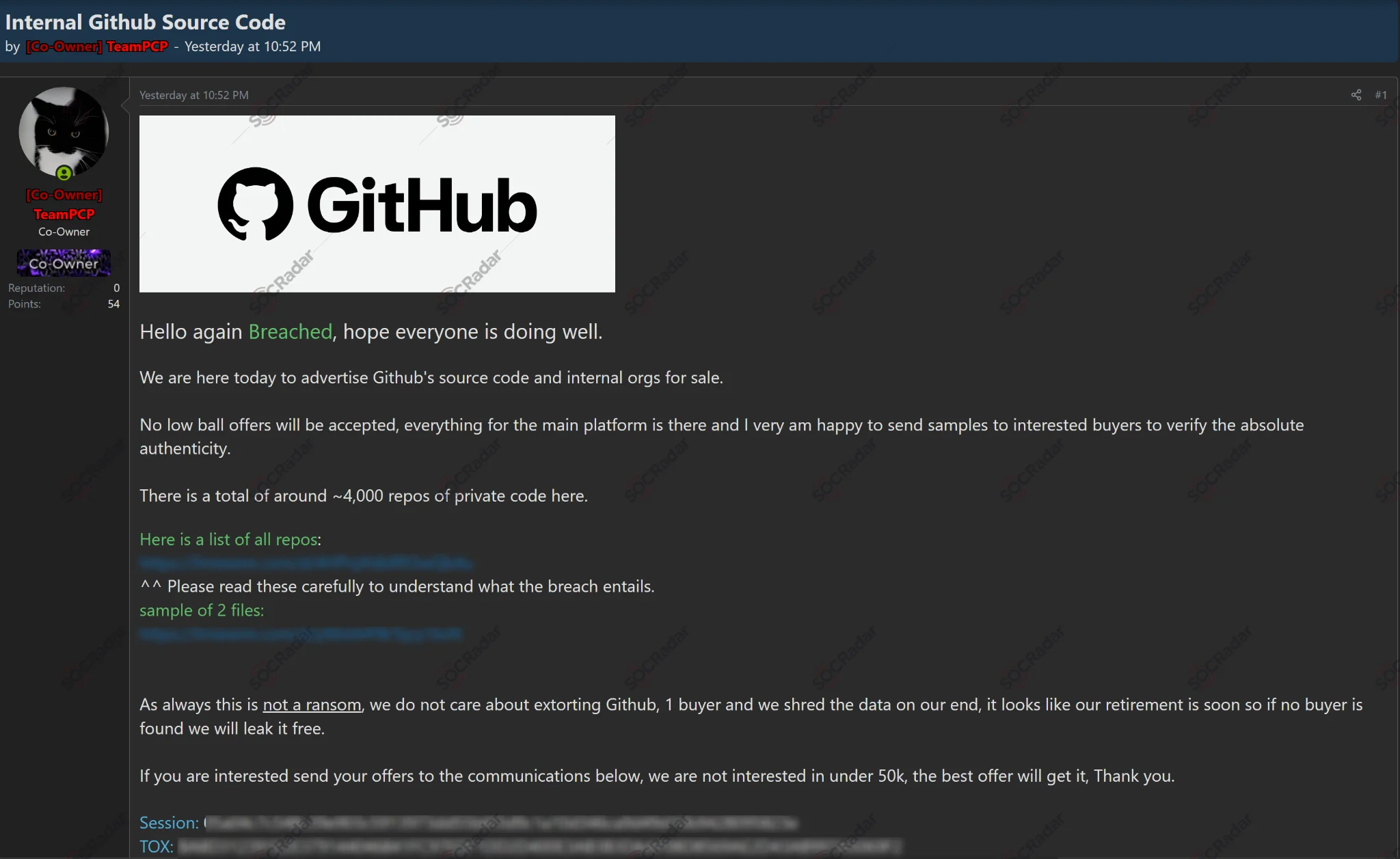 TeamPCP's post on an underground hacking forum, advertising private GitHub repositories (Source: SOCRadar Dark Web News)