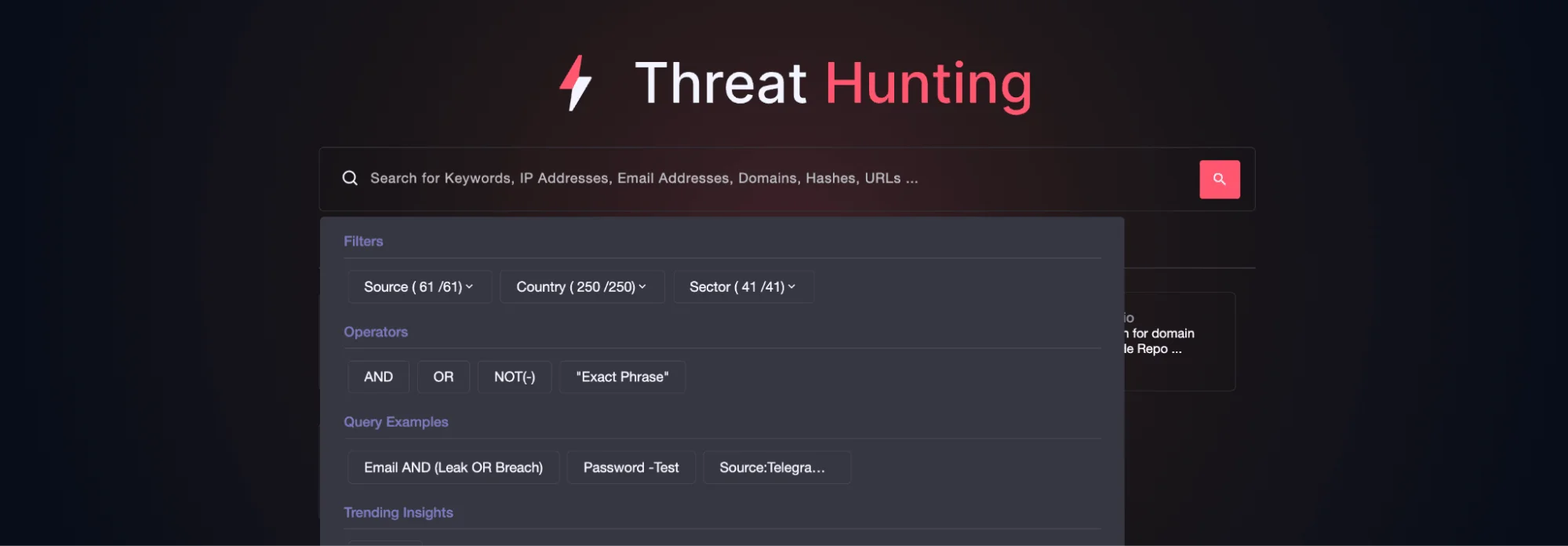 Threat Hunting search page on the SOCRadar platform