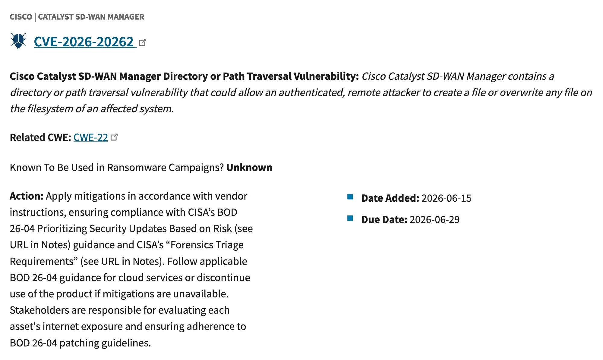 CISA KEV listing for CVE-2026-20262