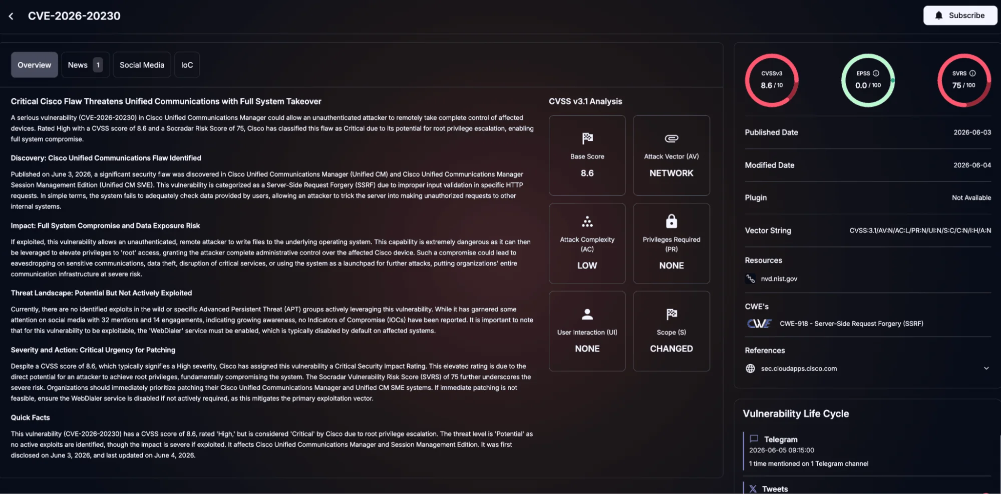 Details of CVE-2026-20230 (SOCRadar Vulnerability Intelligence)