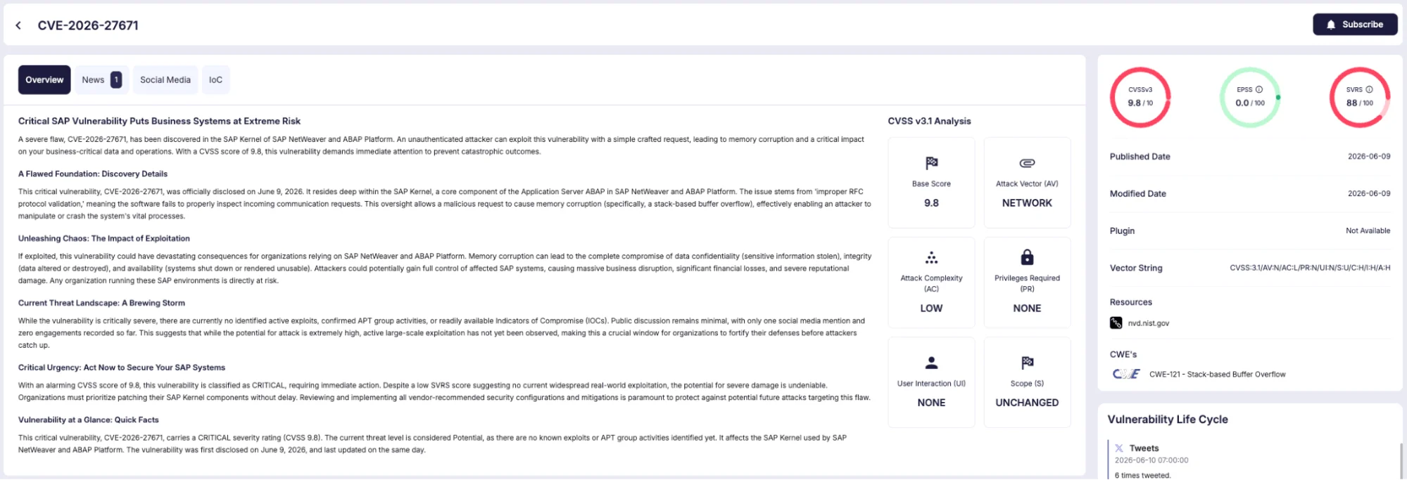 Vulnerability card of CVE-2026-27671 (SOCRadar) SAP Security
