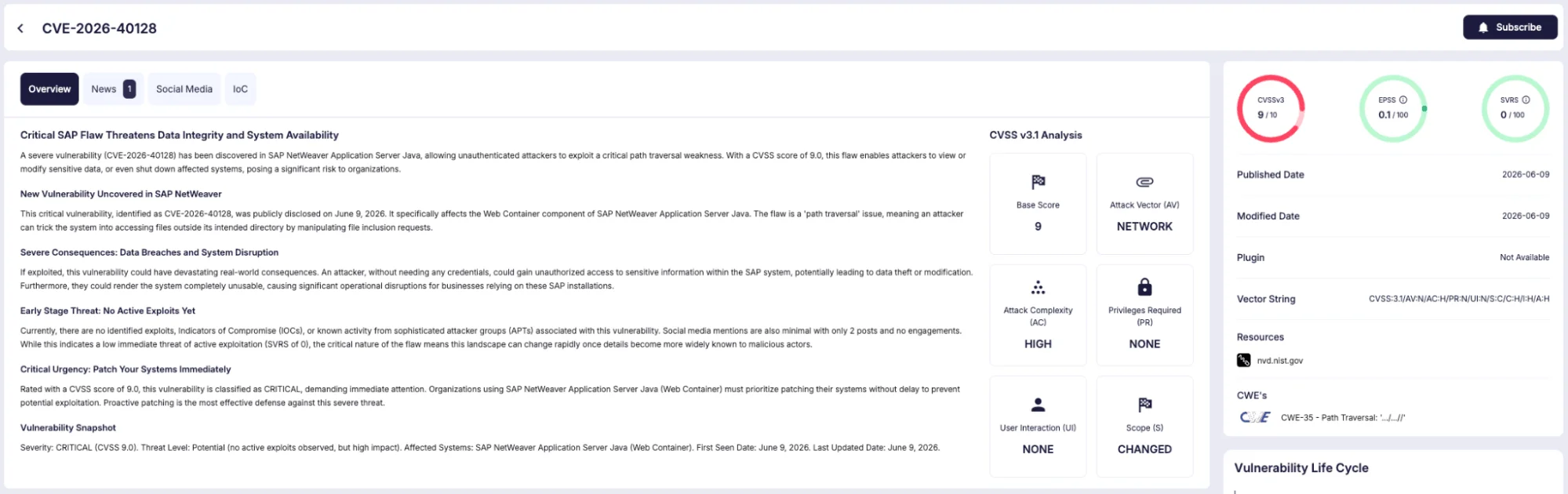 Vulnerability card of CVE-2026-40128 (SOCRadar) SAP Security