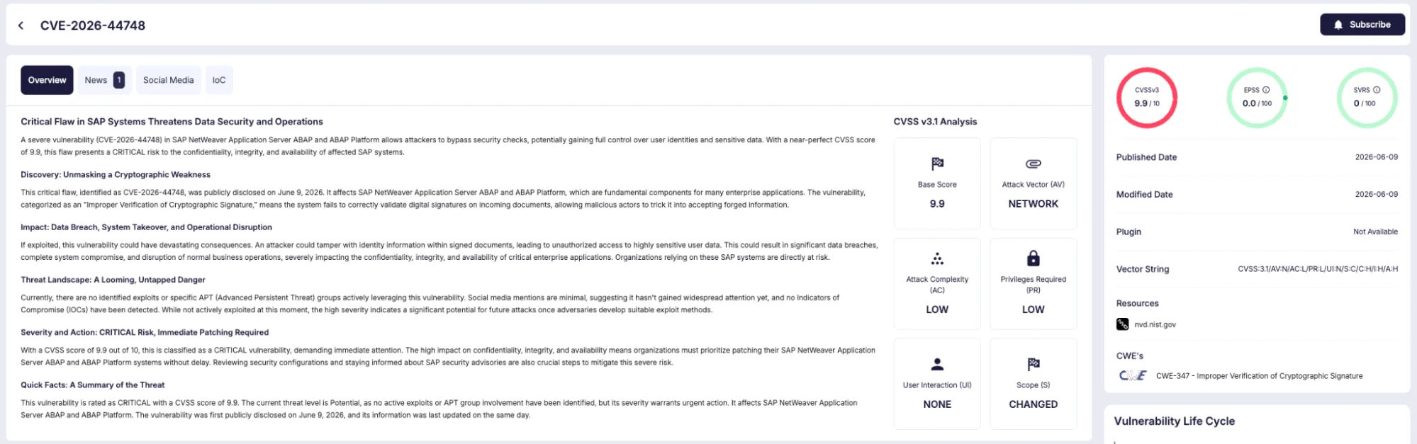 Vulnerability card of CVE-2026-44748 (SOCRadar) SAP Security