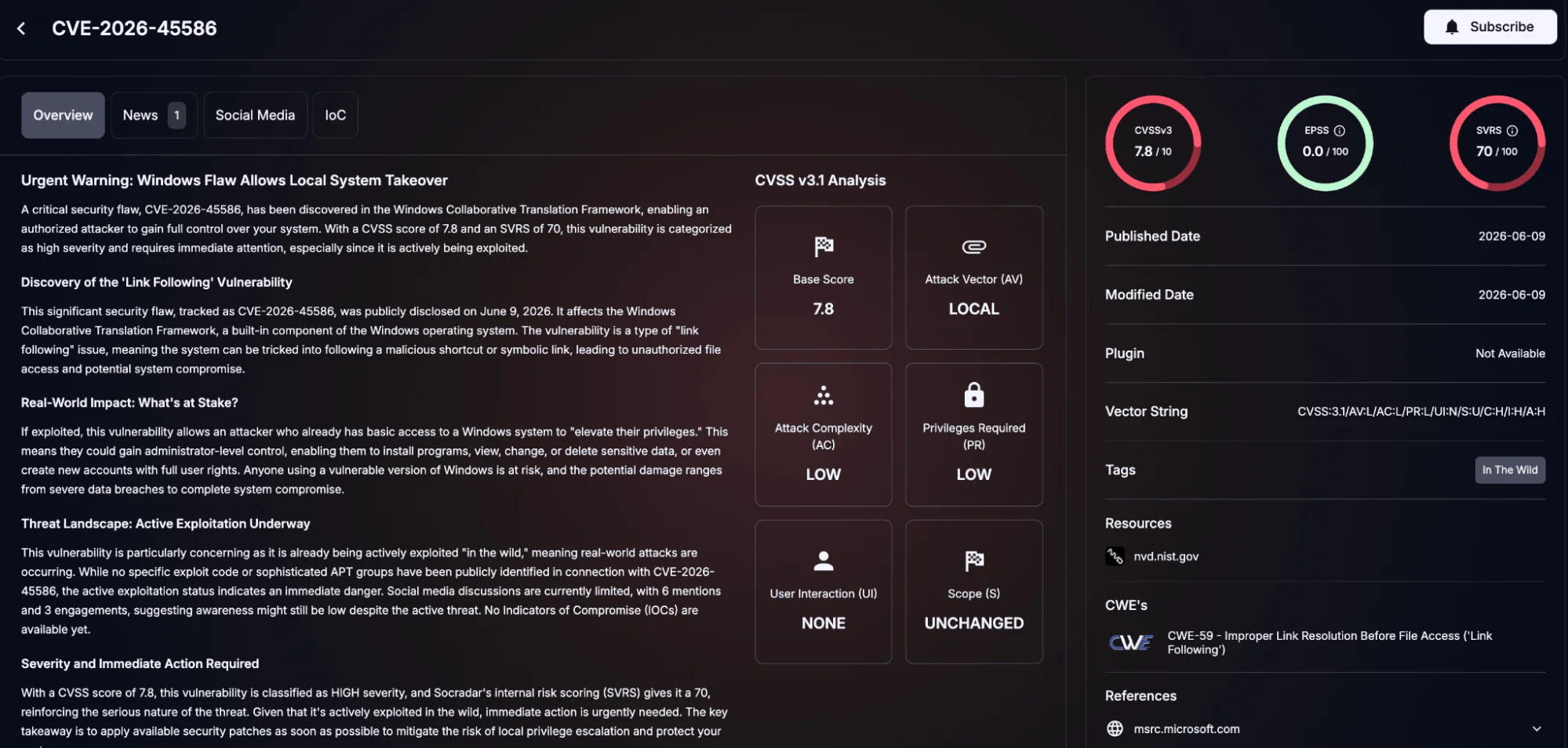 Details of CVE-2026-45586 (SOCRadar Vulnerability Intelligence)